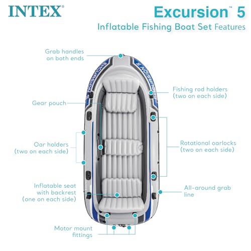 INTEX 68325EP Excursion 5 Schlauchboot-Set: inkl. Deluxe 137,2 cm Aluminium-Ruder und Hochleistungspumpe - verstellbare...